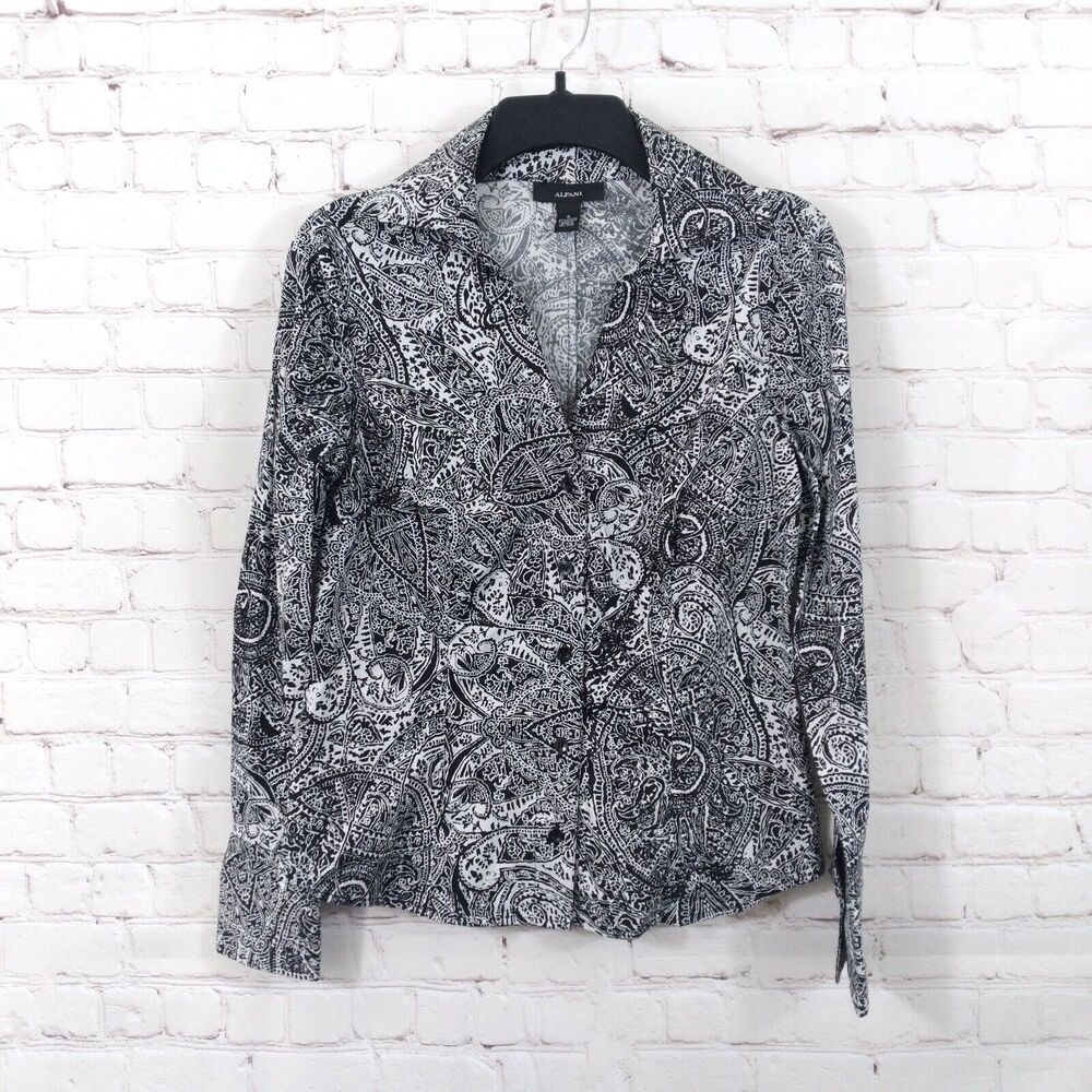 Alfani Blouse Womens 4 Black Paisley Collared Fitted Long Sleeve Button Up Top